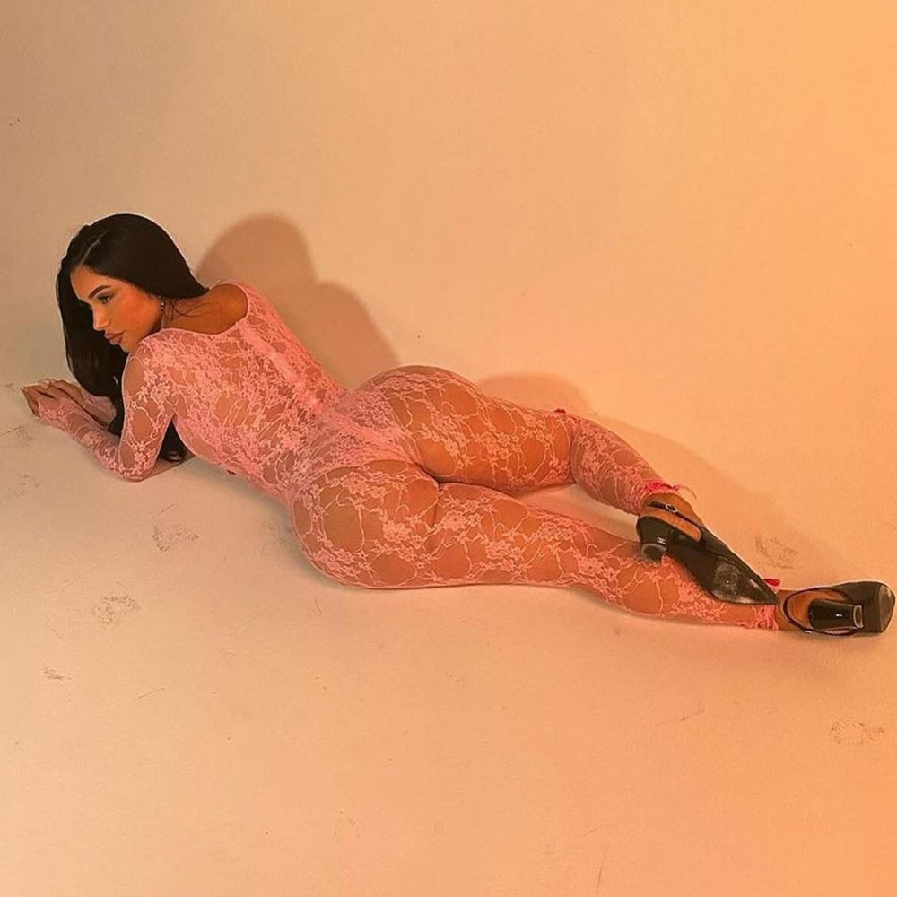 Long Sleeved Sexy Lace Elastic Jumpsuit