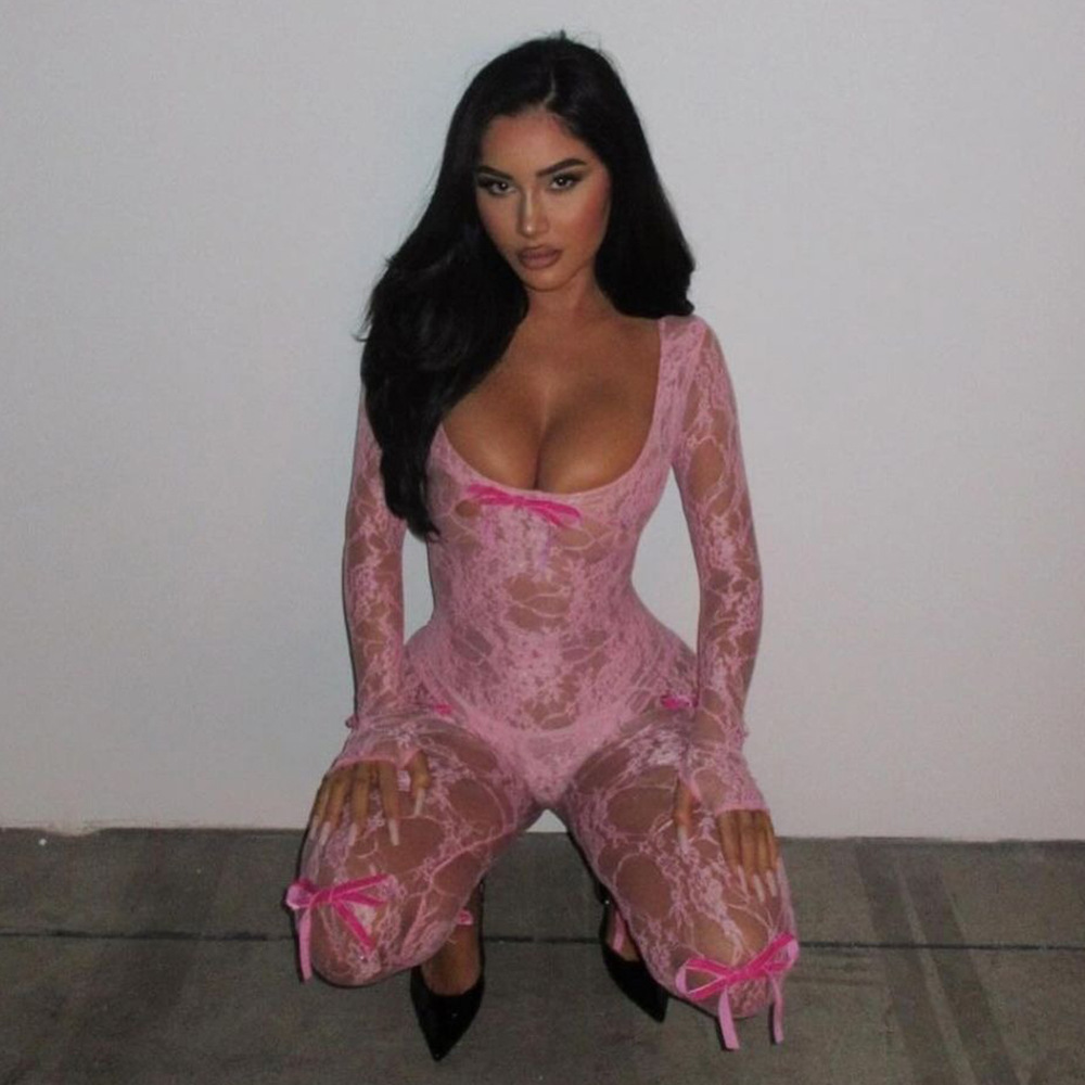 Long Sleeved Sexy Lace Elastic Jumpsuit