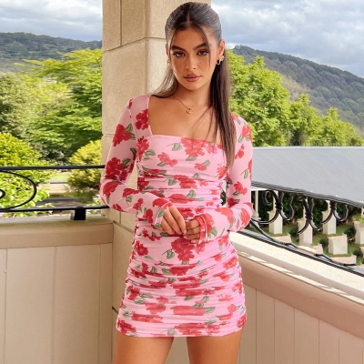 Printed Sexy Long Sleeved Waist Cinching Pleated Hip Hugging Dress 01