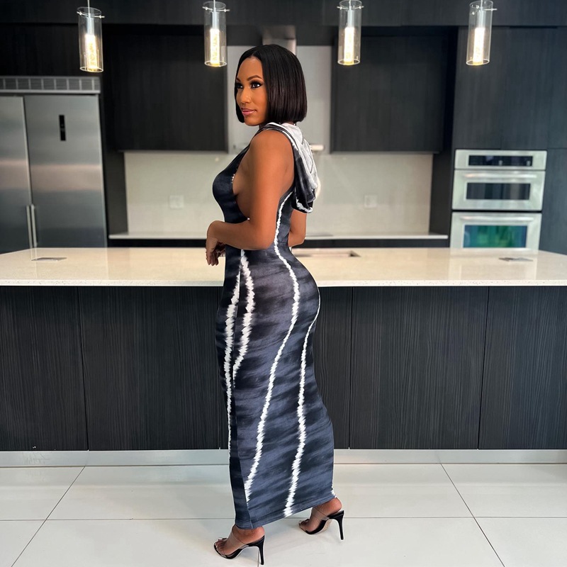 Printed Sleeveless Hooded Hip Hugging Dress