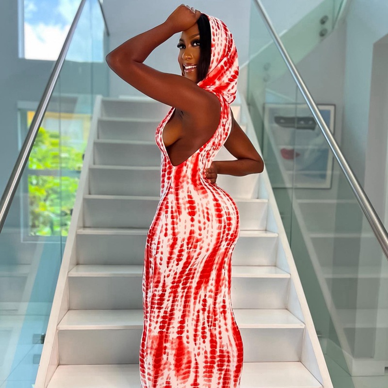 Printed Sleeveless Hooded Hip Hugging Dress
