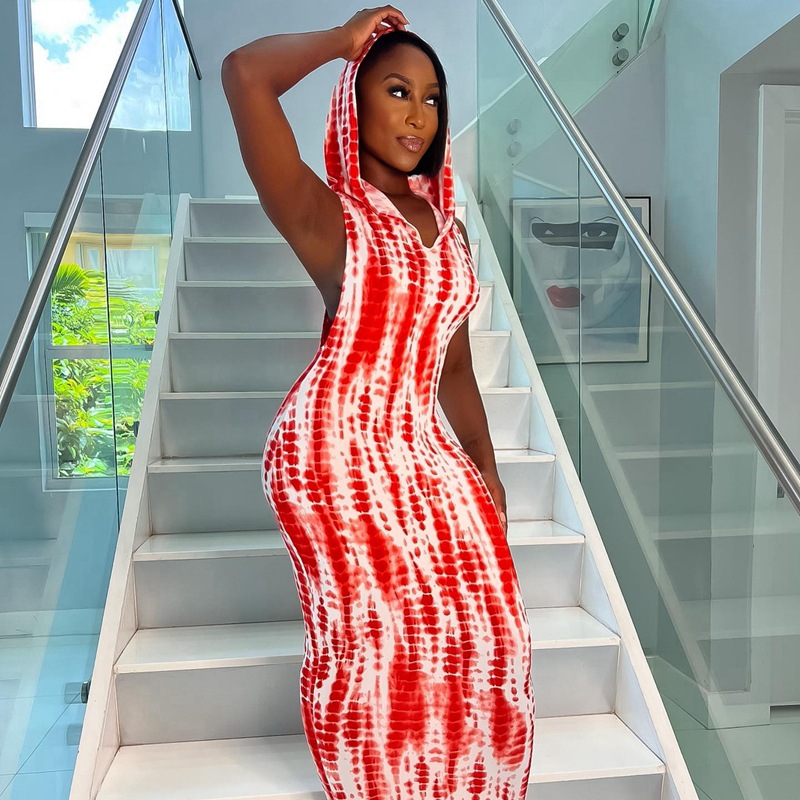 Printed Sleeveless Hooded Hip Hugging Dress