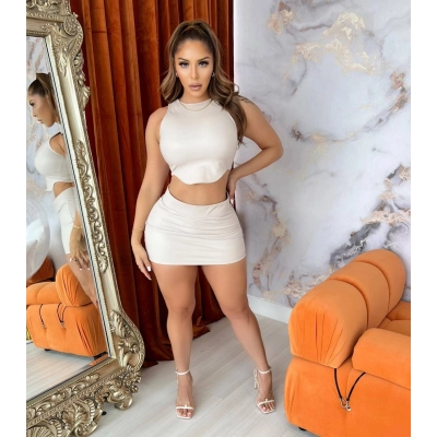 PU Sleeveless Vest, Hip Hugging Short Skirt Set 02
