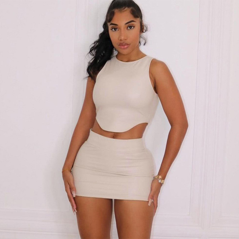 PU Sleeveless Vest, Hip Hugging Short Skirt Set