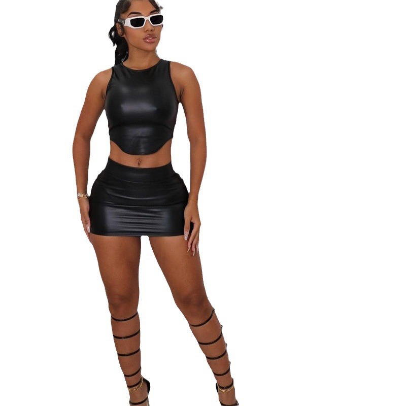 PU Sleeveless Vest, Hip Hugging Short Skirt Set