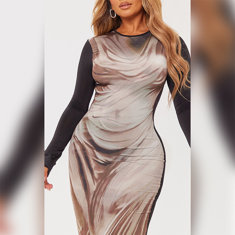 Round Neck Printed Long Sleeved Waist And Hip Cinching Dress