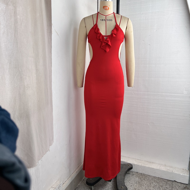 Sexy Dress V-Neck Backless Slim Fit Hip Hugging Evening Gown