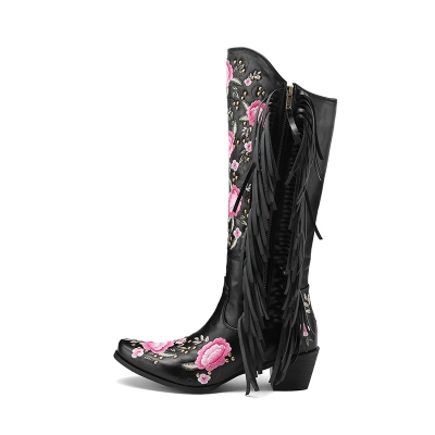 Pointed Printed Rivet Leather Boots 01
