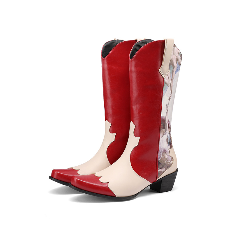 Color Blocked Printed Women's Leather Boots, Sleeves, Fashion Boots