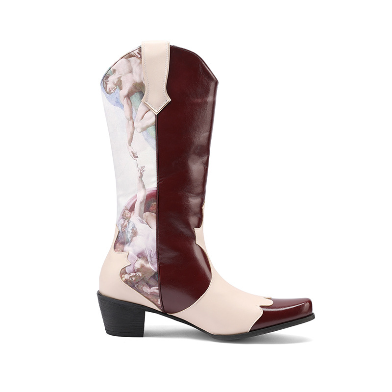 Color Blocked Printed Women's Leather Boots, Sleeves, Fashion Boots