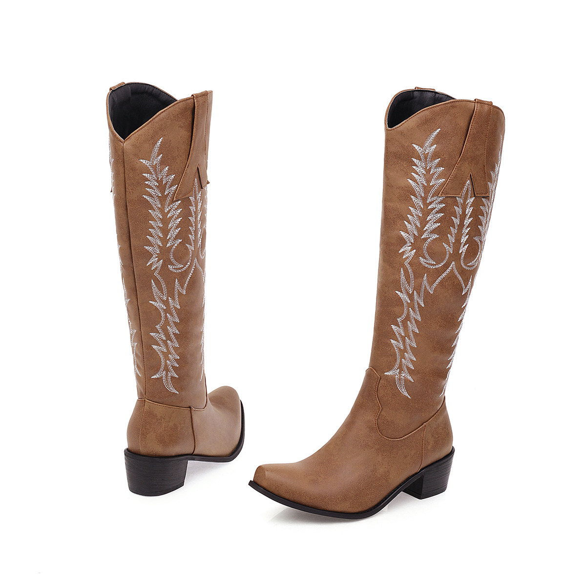 Embroidered High Sleeved Knight Boots, Thick High Heels