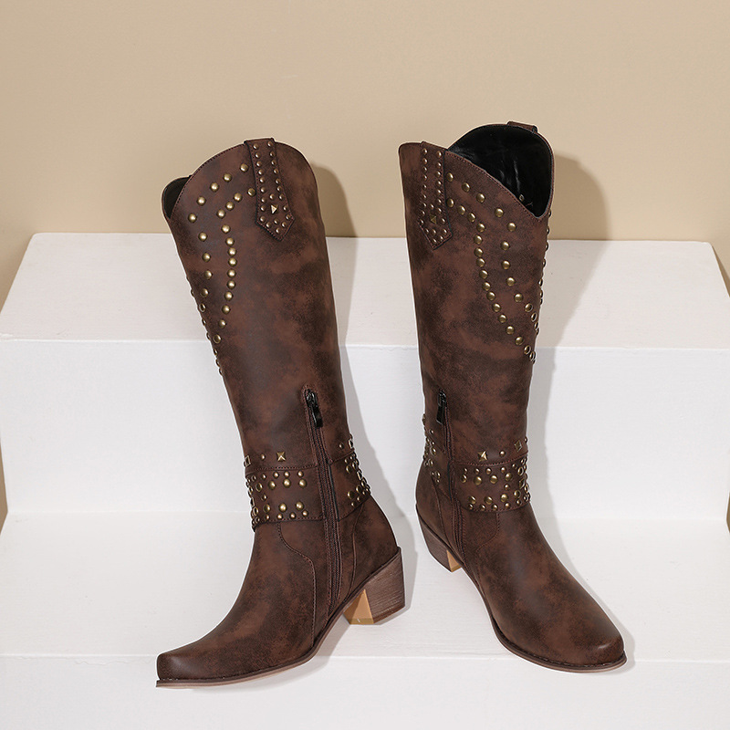 High Top Leather Boots With Side Zipper And Rivets For Fashion Boots