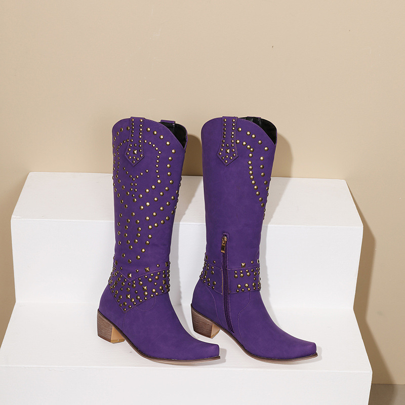 High Top Leather Boots With Side Zipper And Rivets For Fashion Boots