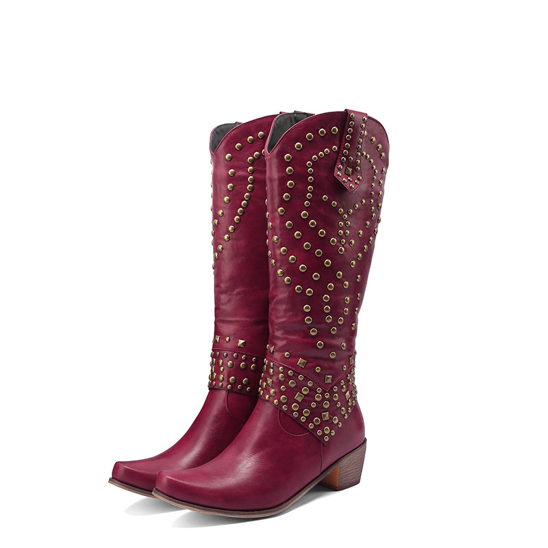 High Top Leather Boots With Side Zipper And Rivets For Fashion Boots