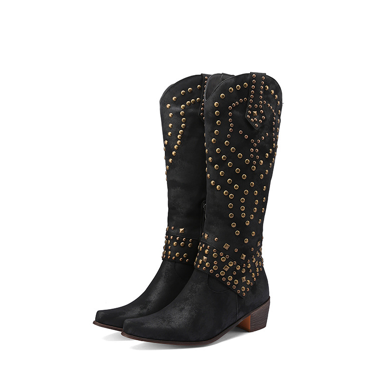 High Top Leather Boots With Side Zipper And Rivets For Fashion Boots