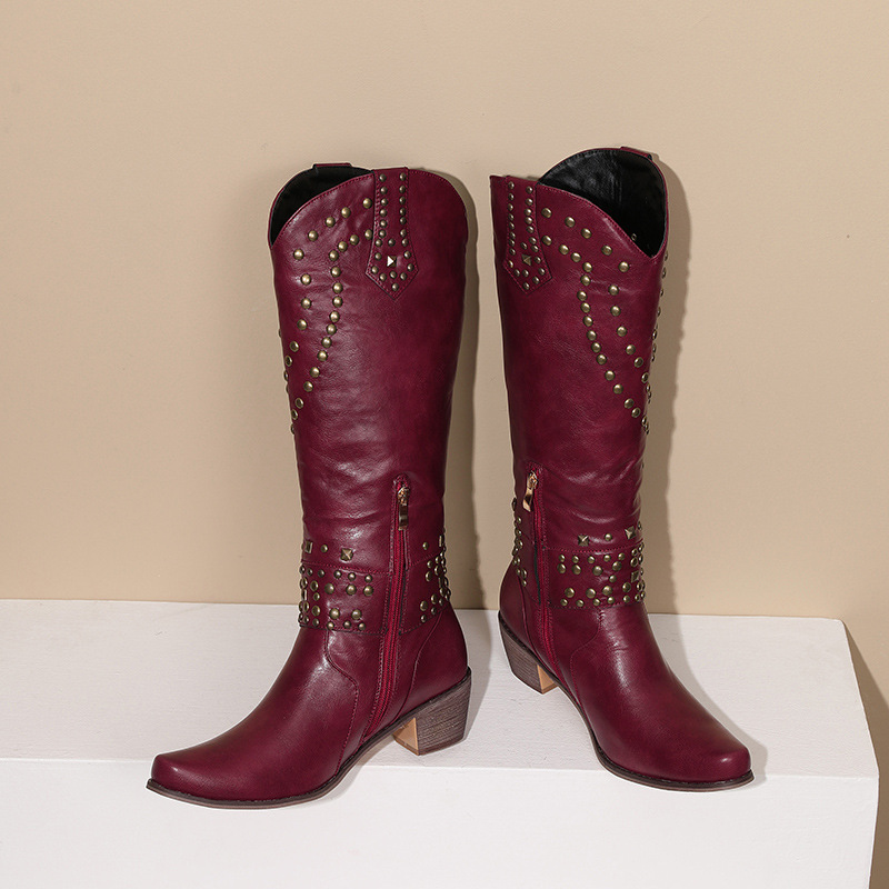 High Top Leather Boots With Side Zipper And Rivets For Fashion Boots