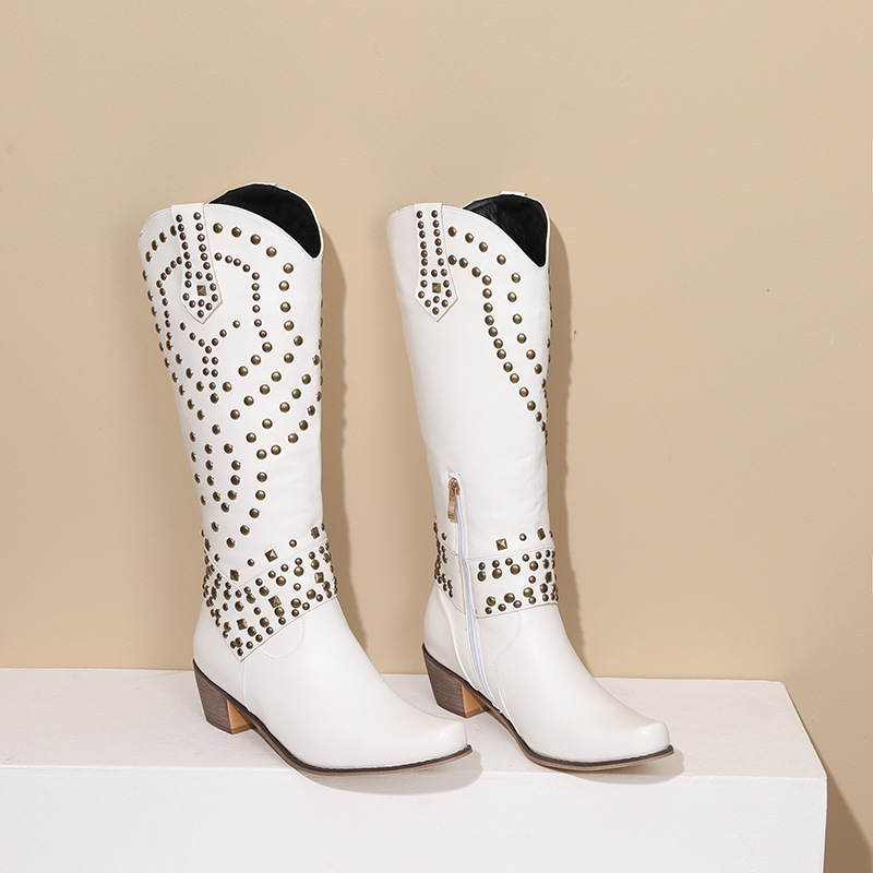 High Top Leather Boots With Side Zipper And Rivets For Fashion Boots