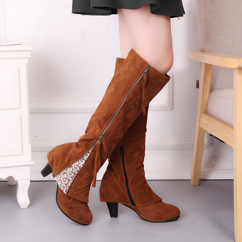 Lace Fringed Women's Shoes With High Heels, Thick Heels, And Flared Edges