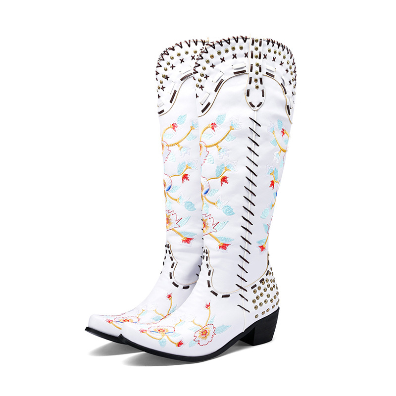 Pointed Casual Rivet Leather Boots, Sleeve Embroidered Knight Boots