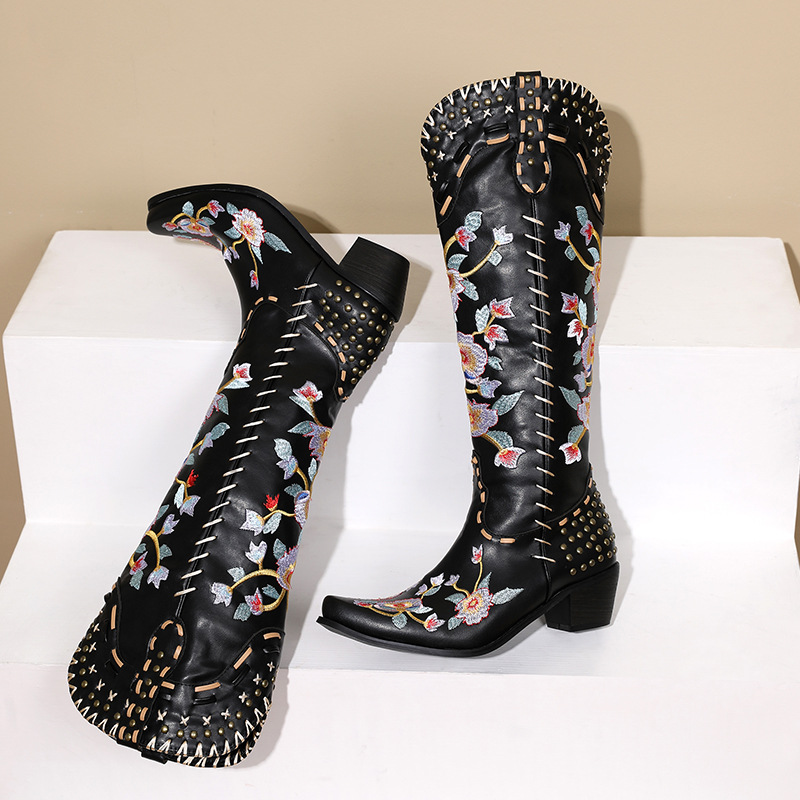 Pointed Casual Rivet Leather Boots, Sleeve Embroidered Knight Boots