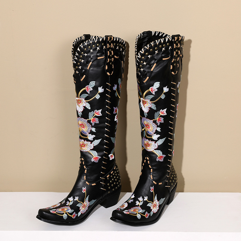 Pointed Casual Rivet Leather Boots, Sleeve Embroidered Knight Boots