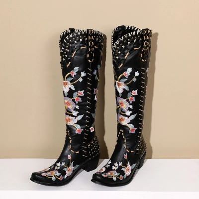Pointed Casual Rivet Leather Boots, Sleeve Embroidered Knight Boots 02
