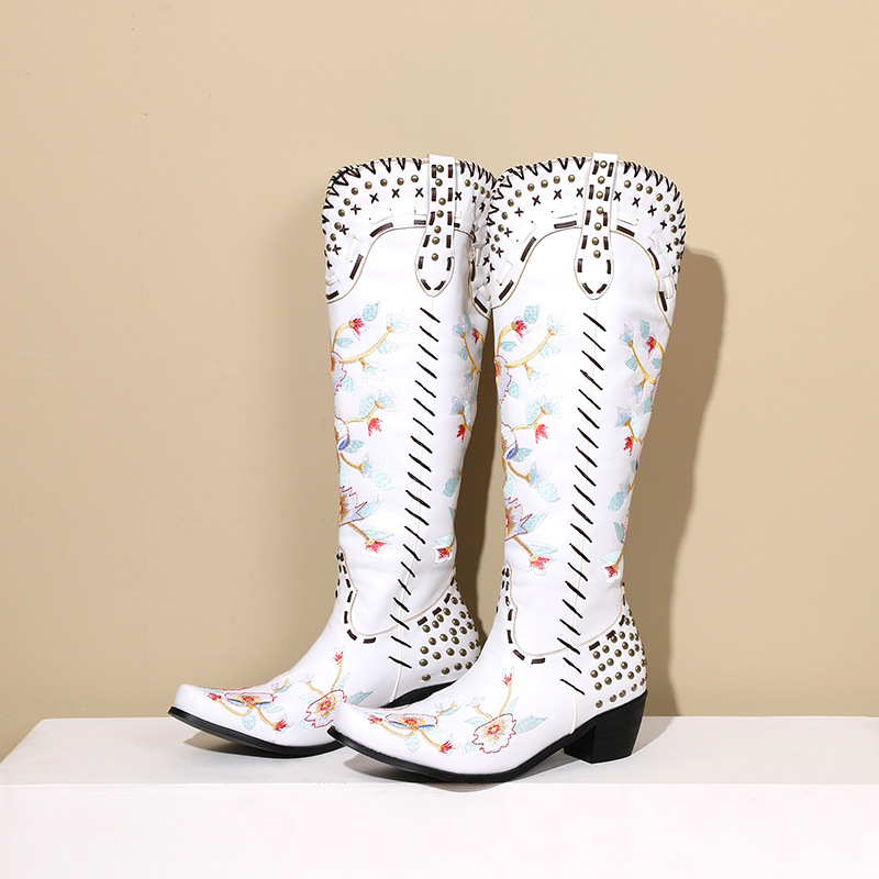 Pointed Casual Rivet Leather Boots, Sleeve Embroidered Knight Boots