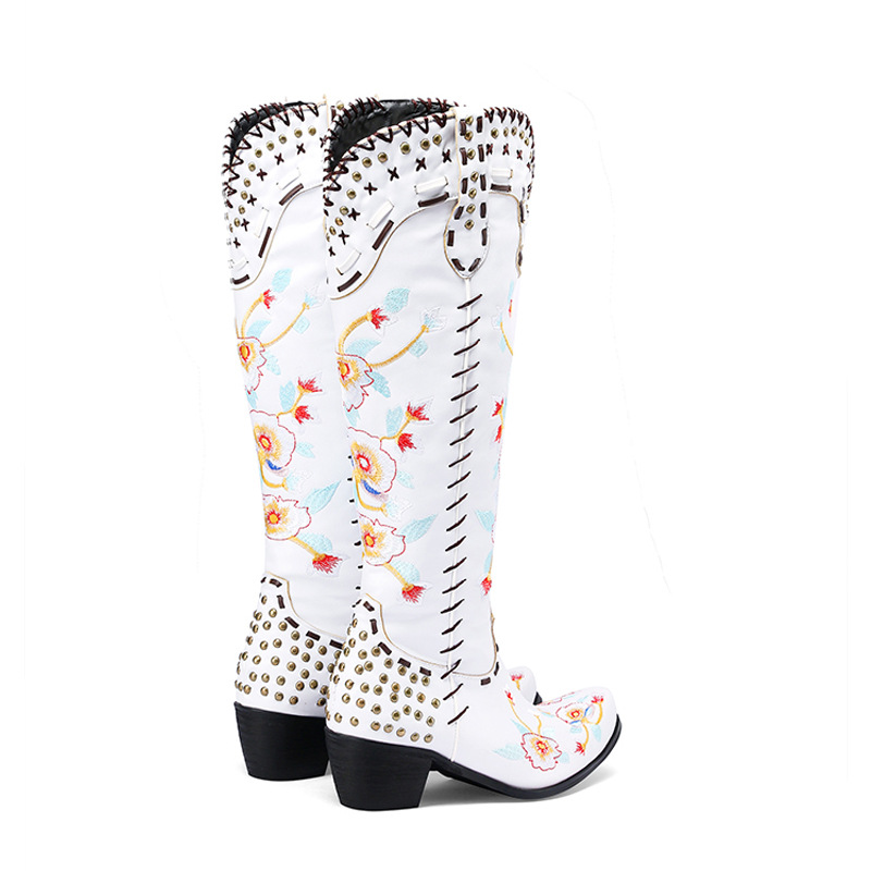 Pointed Casual Rivet Leather Boots, Sleeve Embroidered Knight Boots