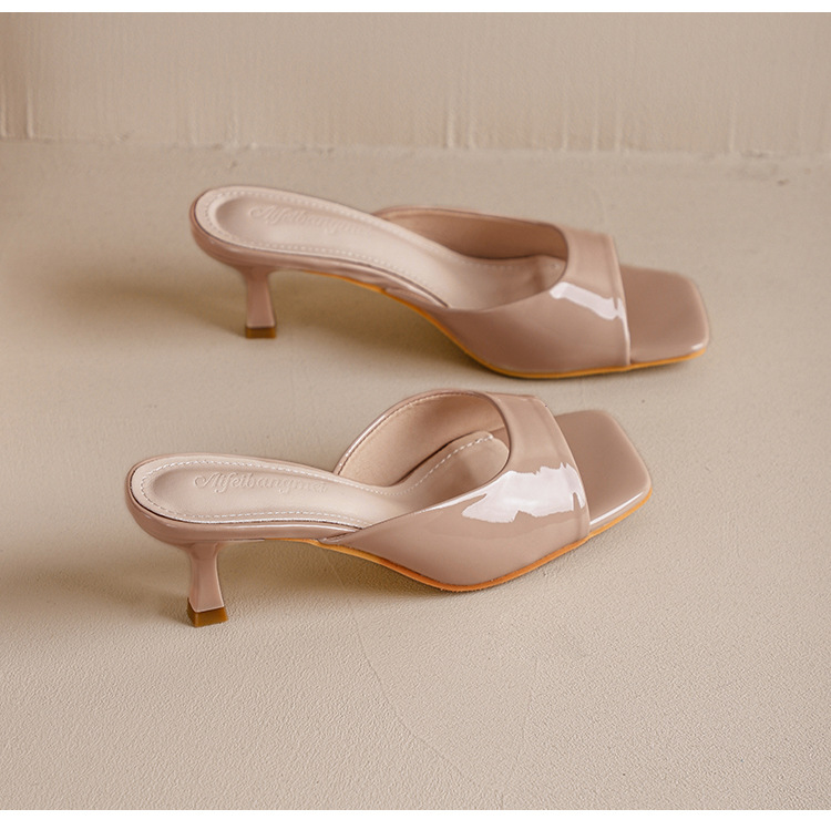 Retro Square Toe Slim Heel Nude Sandals