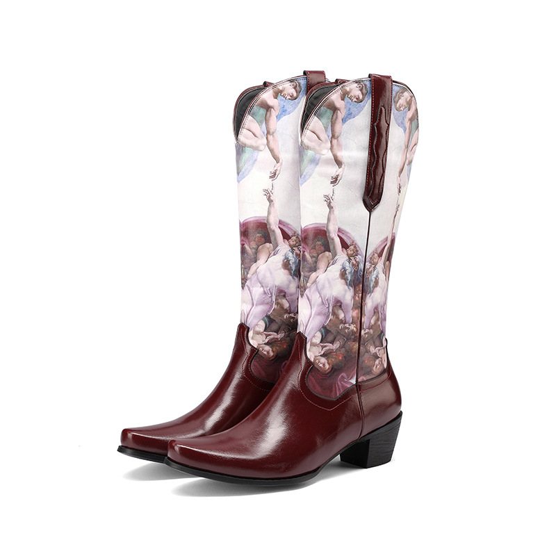 Sharp Pointed Color Blocked Printed Women's Leather Boots And Sleeve Boots