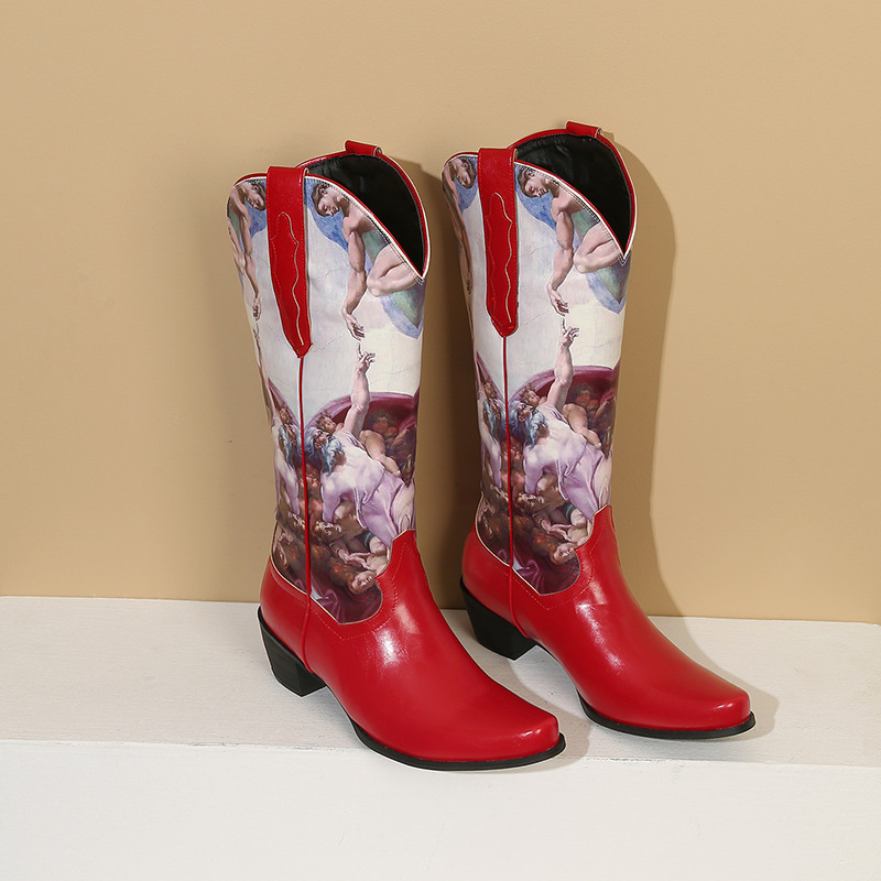 Sharp Pointed Color Blocked Printed Women's Leather Boots And Sleeve Boots