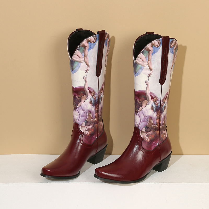 Sharp Pointed Color Blocked Printed Women's Leather Boots And Sleeve Boots