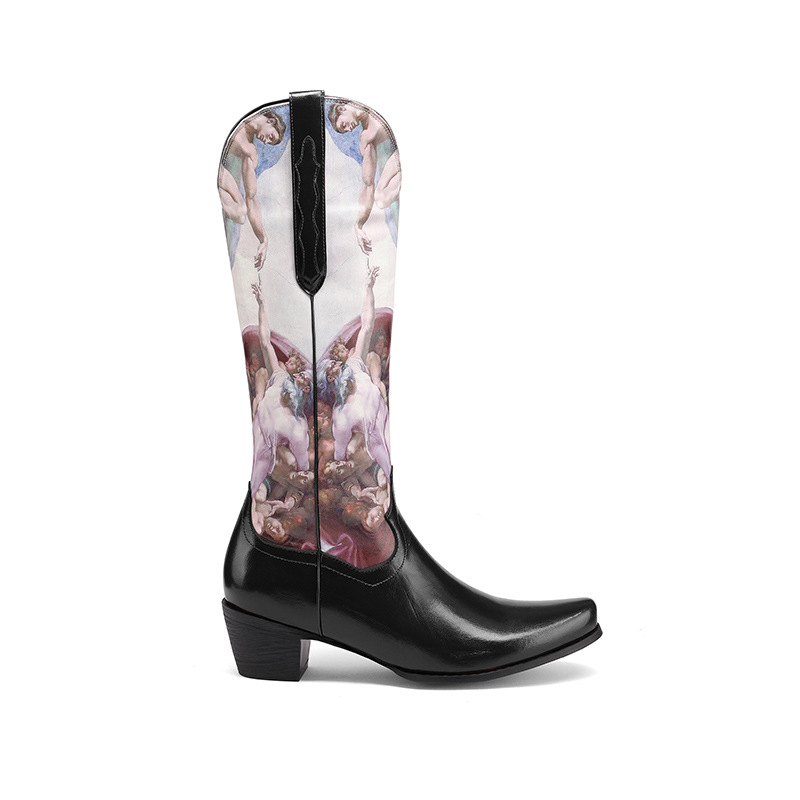 Sharp Pointed Color Blocked Printed Women's Leather Boots And Sleeve Boots
