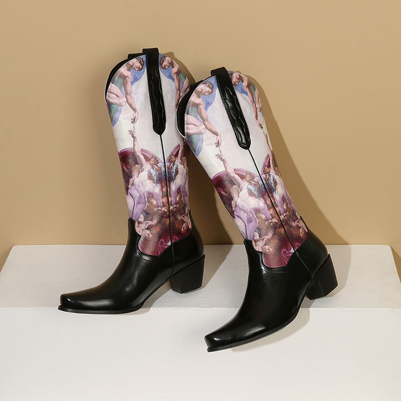 Sharp Pointed Color Blocked Printed Women's Leather Boots And Sleeve Boots