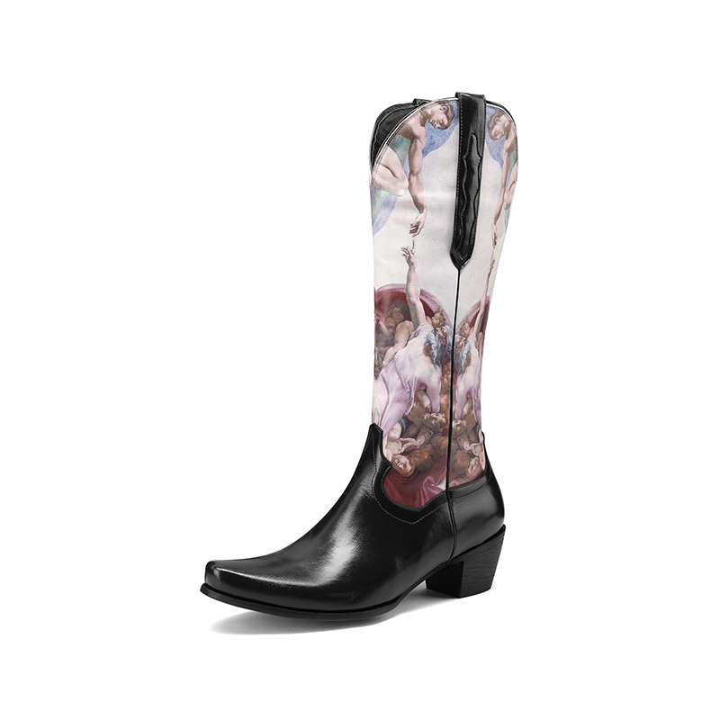 Sharp Pointed Color Blocked Printed Women's Leather Boots And Sleeve Boots
