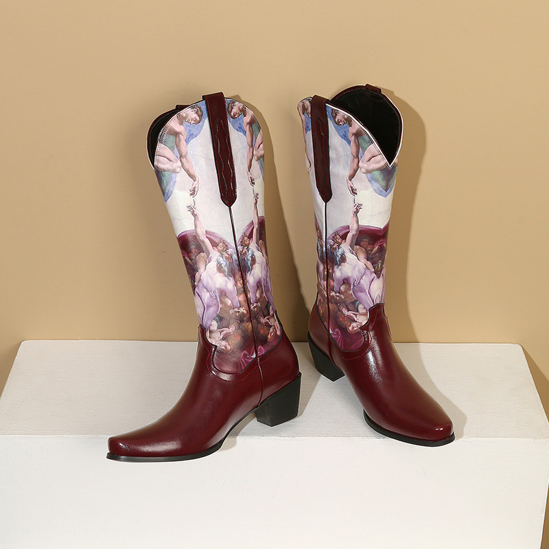 Sharp Pointed Color Blocked Printed Women's Leather Boots And Sleeve Boots
