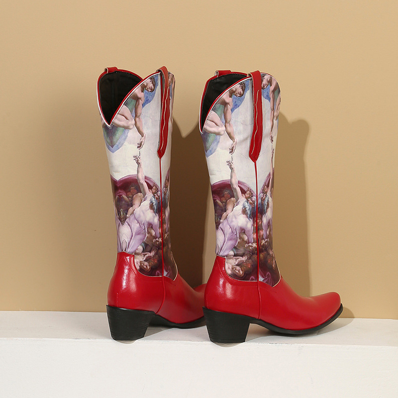 Sharp Pointed Color Blocked Printed Women's Leather Boots And Sleeve Boots