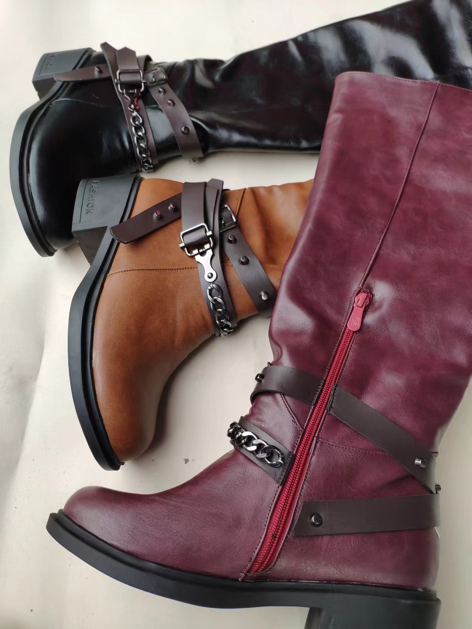 Side Zipper Belt Buckle Rivet Boots