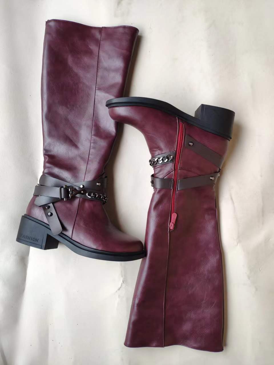 Side Zipper Belt Buckle Rivet Boots