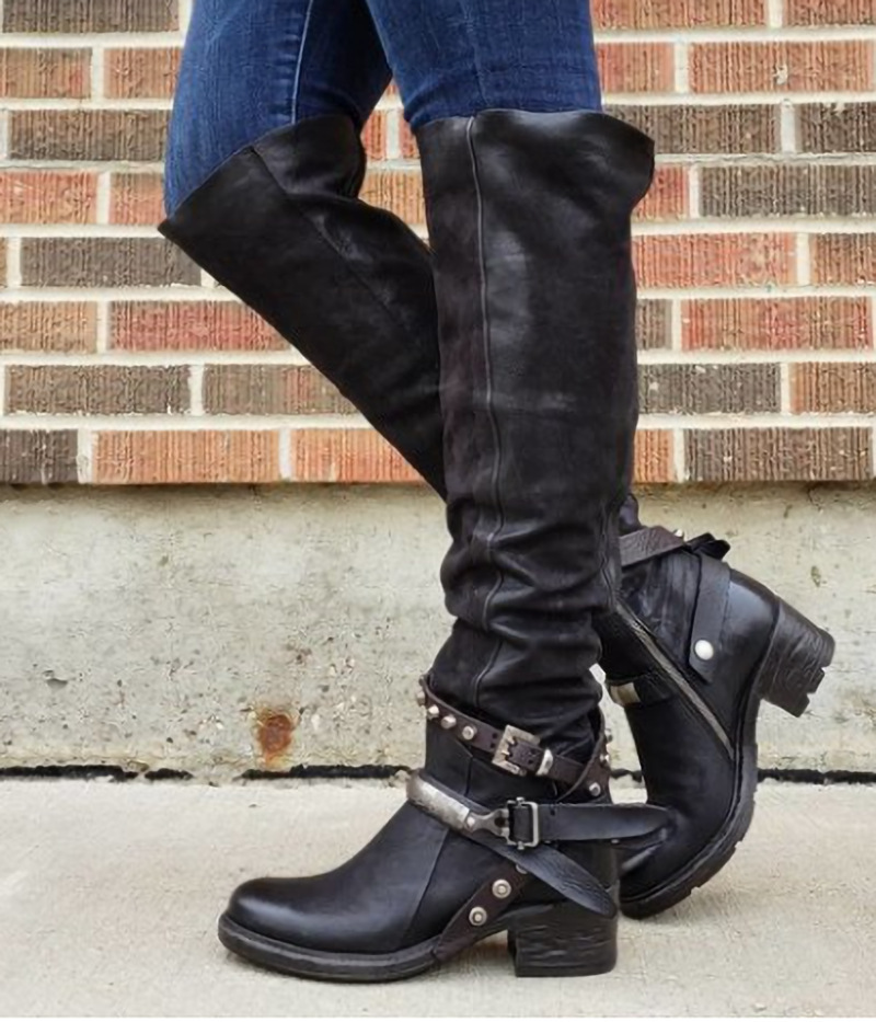 Side Zipper Belt Buckle Rivet Boots