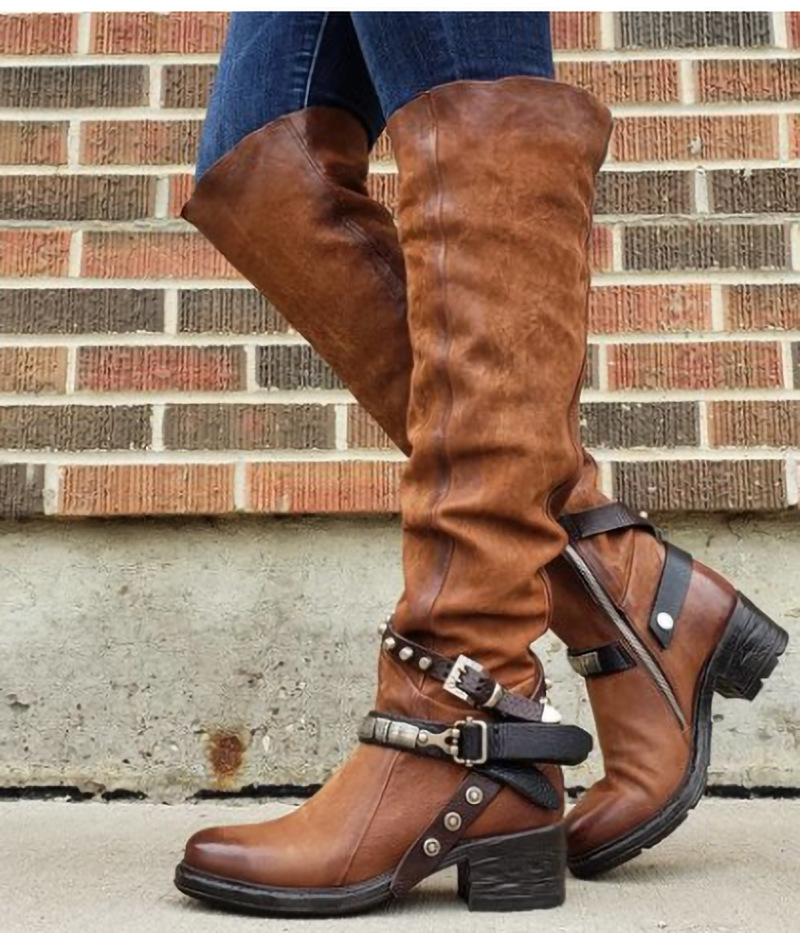 Side Zipper Belt Buckle Rivet Boots