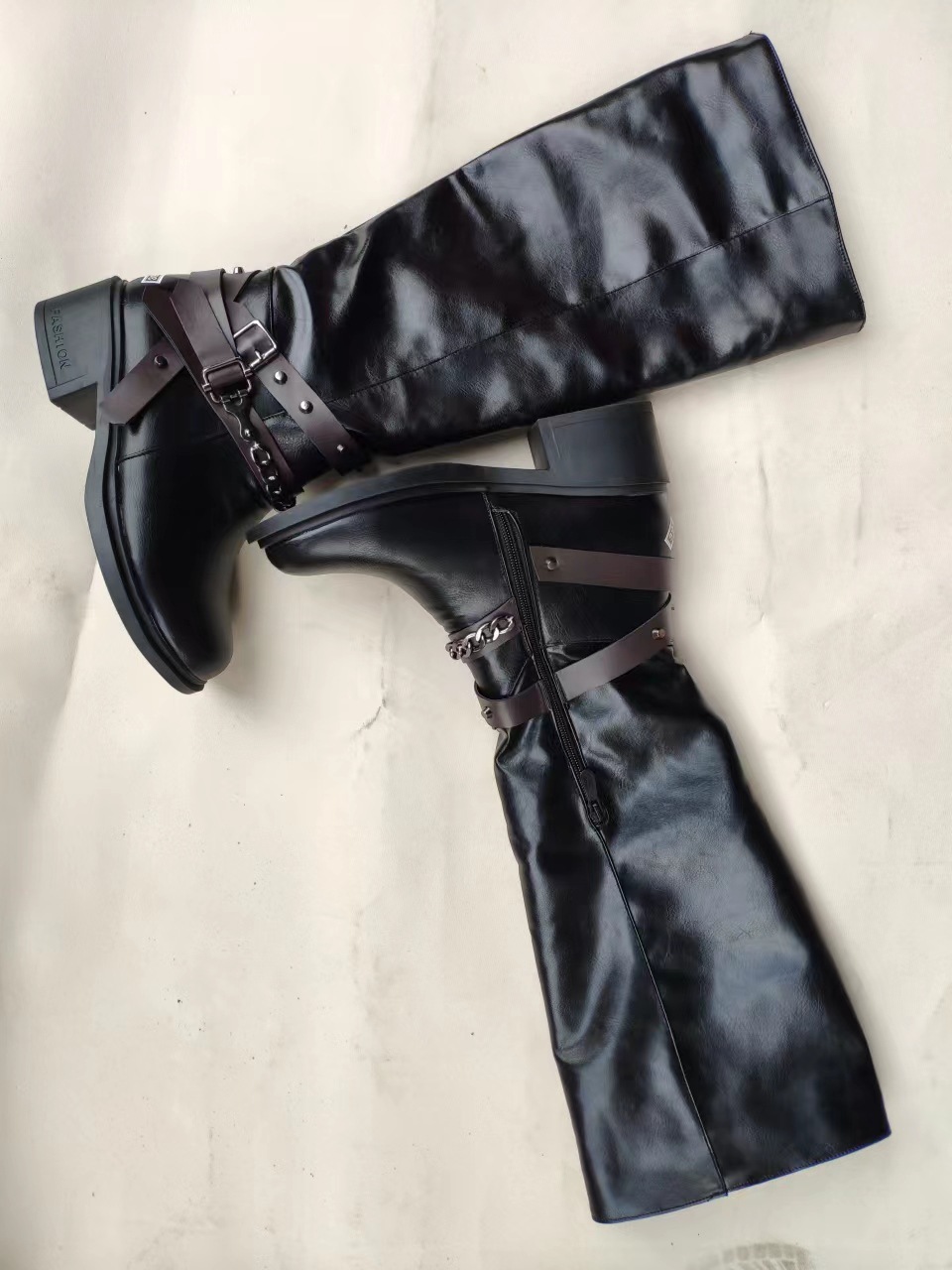 Side Zipper Belt Buckle Rivet Boots