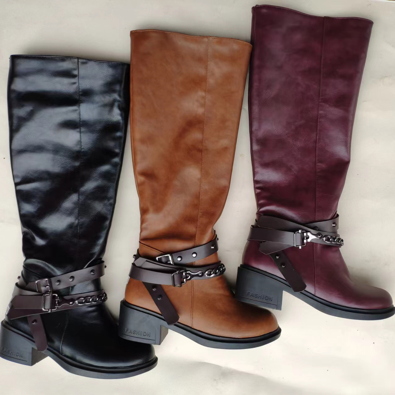 Side Zipper Belt Buckle Rivet Boots