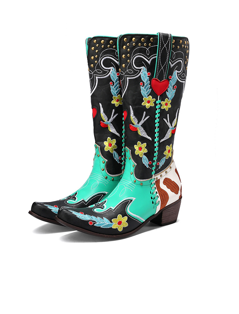 Vintage High Boots Embroidered With Flower Rivets Leather Boots