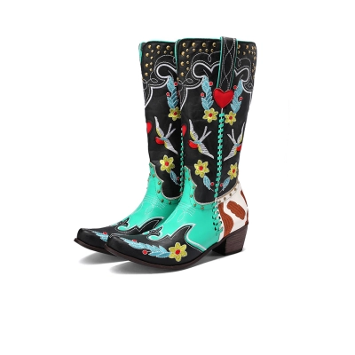 Vintage High Boots Embroidered With Flower Rivets Leather Boots 01