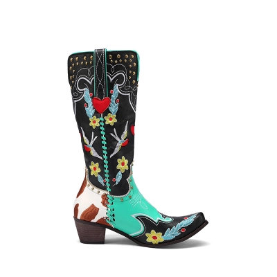 Vintage High Boots Embroidered With Flower Rivets Leather Boots 02