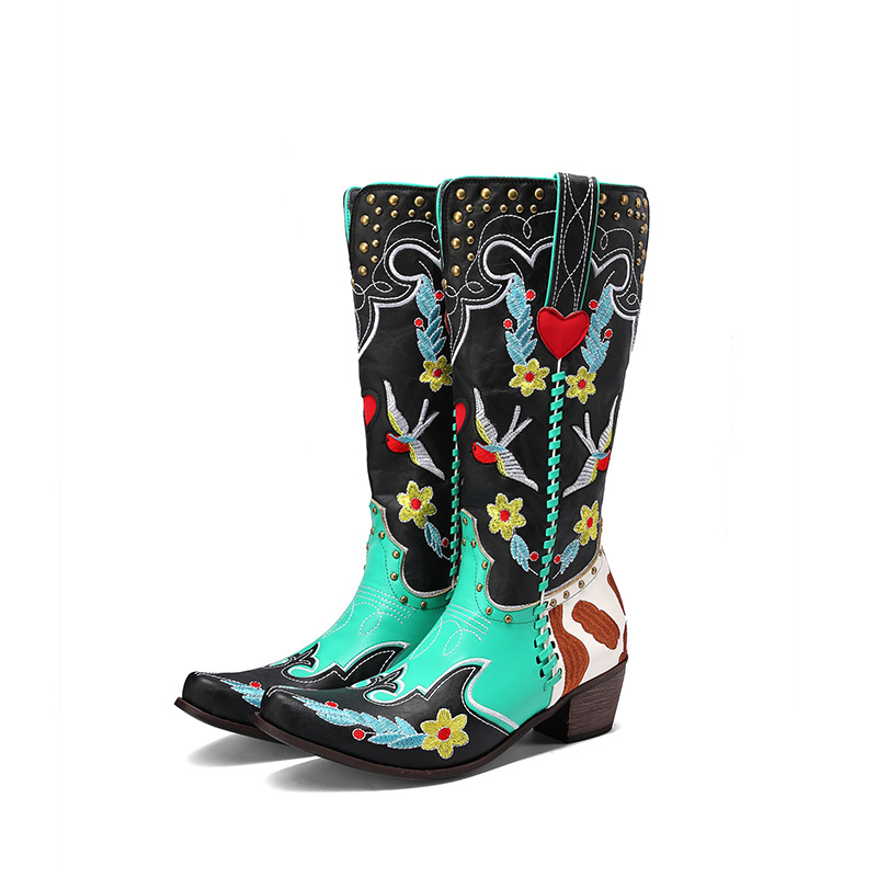 Vintage High Boots Embroidered With Flower Rivets Leather Boots