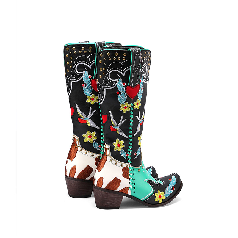 Vintage High Boots Embroidered With Flower Rivets Leather Boots