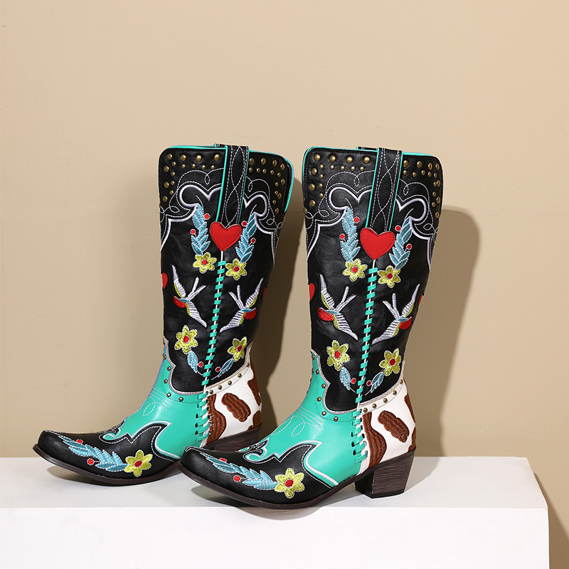 Vintage High Boots Embroidered With Flower Rivets Leather Boots