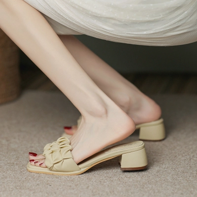 Thick Heeled Slippers, Comfortable Two-Layer Cowhide High Heels 02